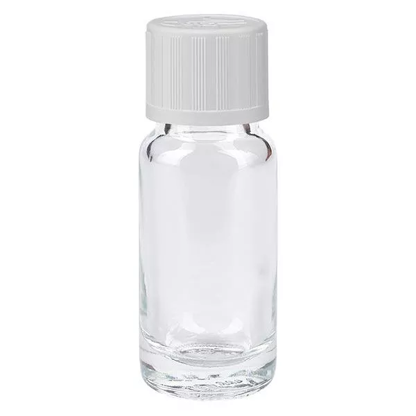Lékárenská lahvička čirá 10ml šroubovací uzávěr bílý standard odolný proti otevření dětmi. Lékárenská lahvička čirá 10ml šroubovací uzávěr bílý standard odolný proti otevření dětmi.