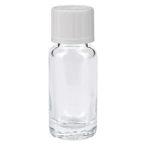 Lékárenská lahvička čirá 10ml šroubovací uzávěr bílý standard odolný proti otevření dětmi. Lékárenská lahvička čirá 10ml šroubovací uzávěr bílý standard odolný proti otevření dětmi.