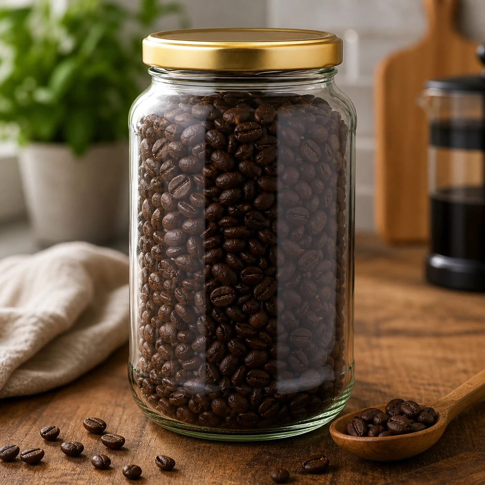 1700ml Rundglas mit goldenem BasicSeal Deckel gefüllt mit Kaffeebohnen auf Holzbrett in Küche zeigt Vorratshaltung