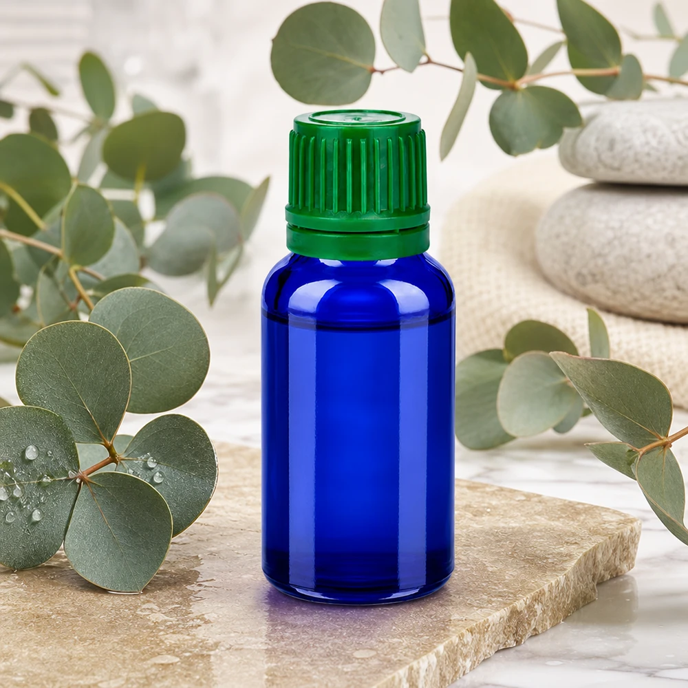 20ml láhev 11mm šroubovací uzávěr zelený s ochranou proti manipulaci BlueLine UT18/20 Elegante 20ml Glasflasche BlueLine Design mit kontrastreichem grünem Verschlusssystem