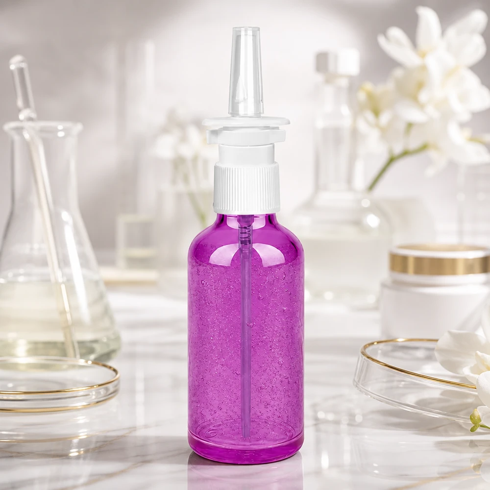 50ml lahvička s nosním rozprašovačem PurpleLine bílá/transparentní standardní hlavice. UT18/50 Robuste 50ml Nasenspray-Flasche in Purple mit optimaler Füllmenge für Langzeitanwendung