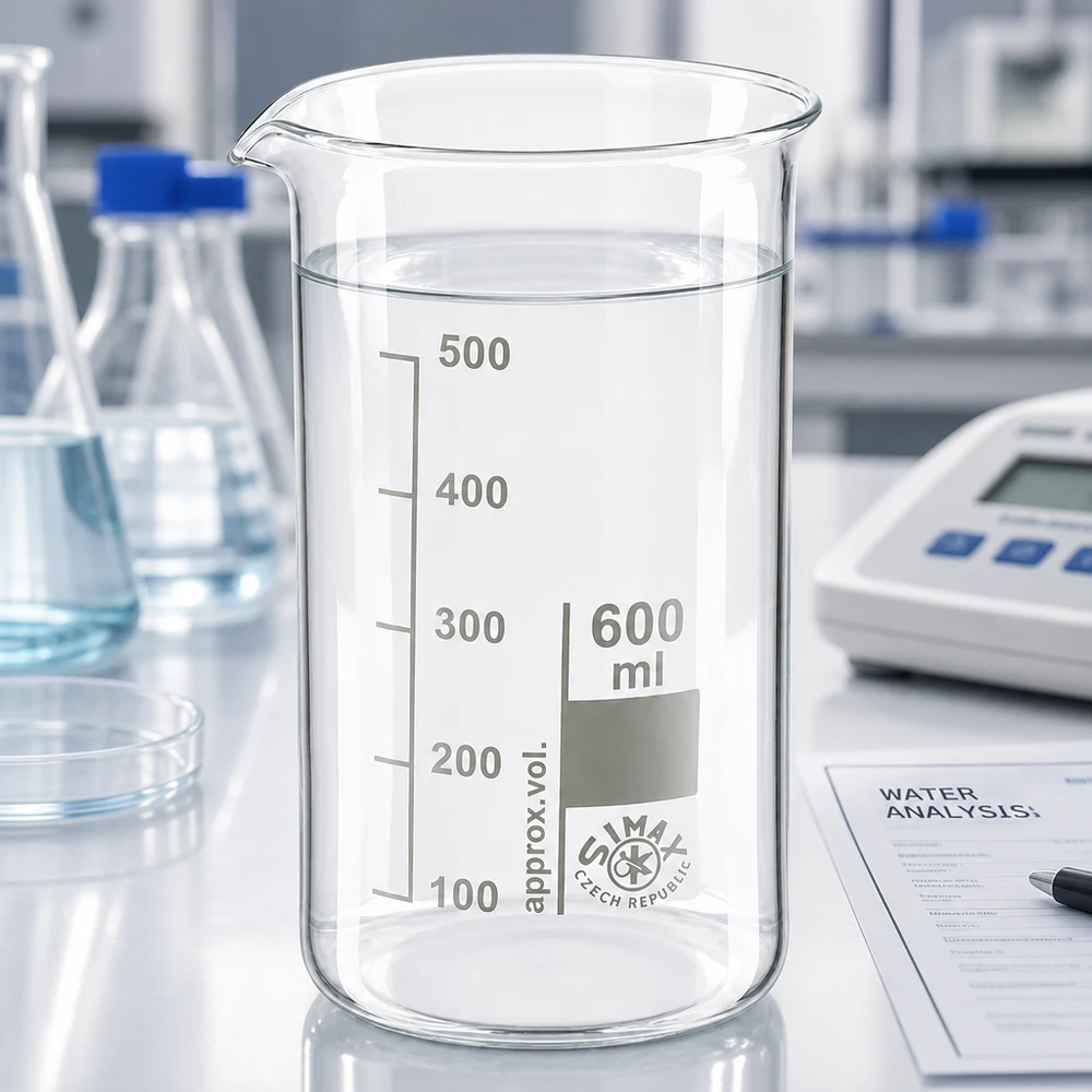 Kádinka 600 ml z borosilikátového skla, vysoký tvar Laborbecherglas 600ml hohe zylindrische Form aus hitzebestaendigem Borosilikatglas mit Wasserprobe