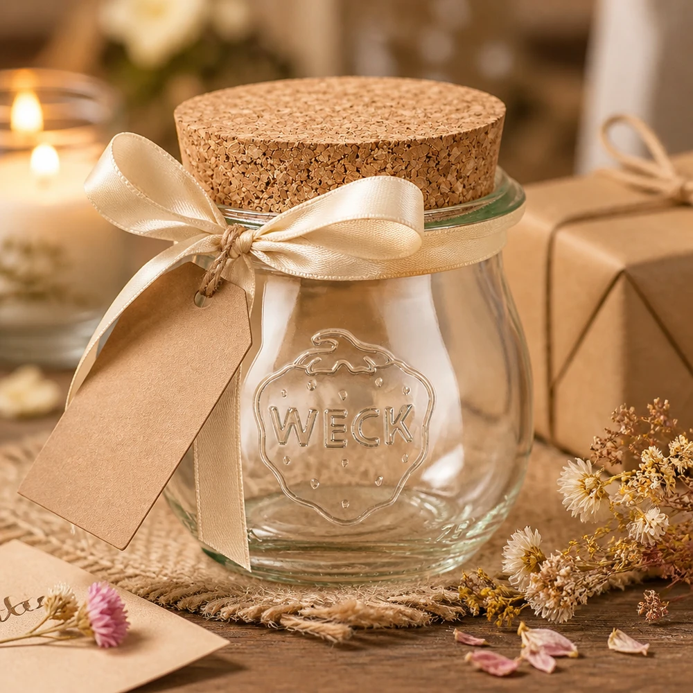 WECK Tulpenglas 75ml dekoriert mit Schleife und Geschenkanhänger als Geschenkidee mit Naturkorken Verschluss