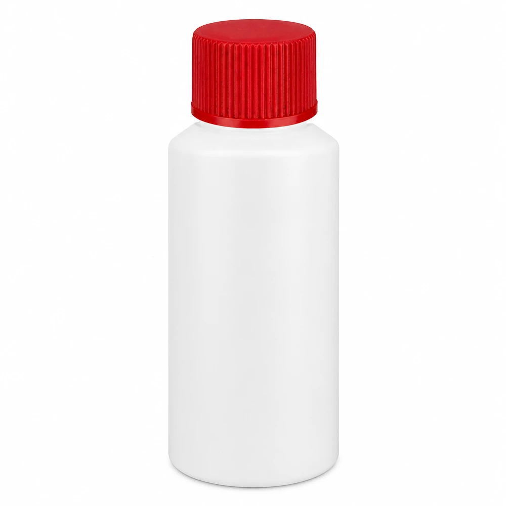 Lékárenská lahvička z HDPE, 30 ml, bílá s červeným šroubovacím uzávěrem
