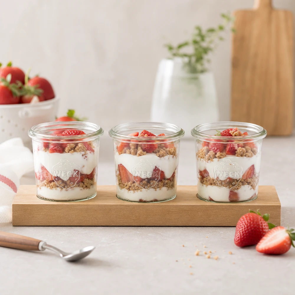 Servírovací prkénko Plano3 se 3 tumblery Weck 140ml WECK Gläser 140ml mit Joghurt-Erdbeer-Schichtdessert auf Holz-Servierbrett Plano3 frühstücksfertig angerichtet