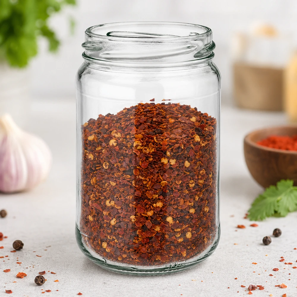 Kulatá sklenice o objemu 305 ml bez víčka (TO63) UNiTWIST UNiTWIST Runda305 Rundglas 305ml TO63 mit Chilliflocken gefüllt auf Küchenarbeitsplatte mit Gewürzen