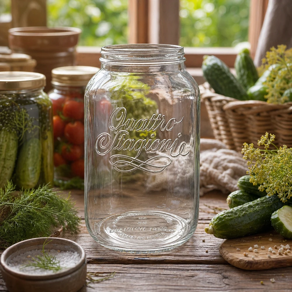 3800ml Quattro Stagioni Einmachglas leer auf Holztisch mit Gurken und Dill zum Einkochen und Konservieren