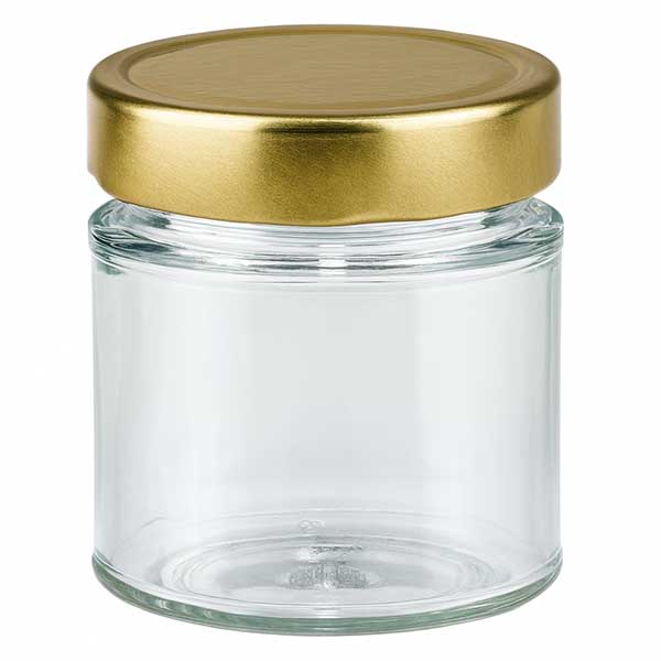 154ml kulatá sklenice s víčkem BasicSeal zlatá hluboká UNiTWIST 154ml Rundglas mit goldenem BasicSeal Deckel transparent leer Marmeladenglas Honig Konservenglas