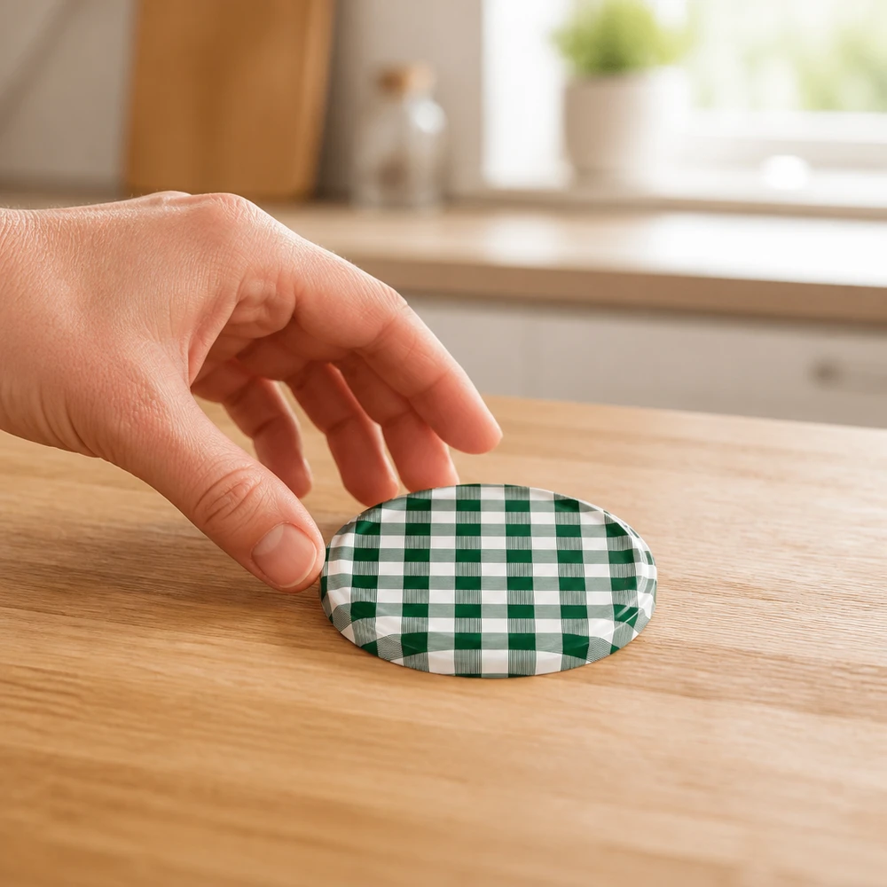 Kulaté víčko typu „twist-off“ TO82 o průměru 82 mm se zeleno-bílým kostkovaným vzorem na dřevěném stole