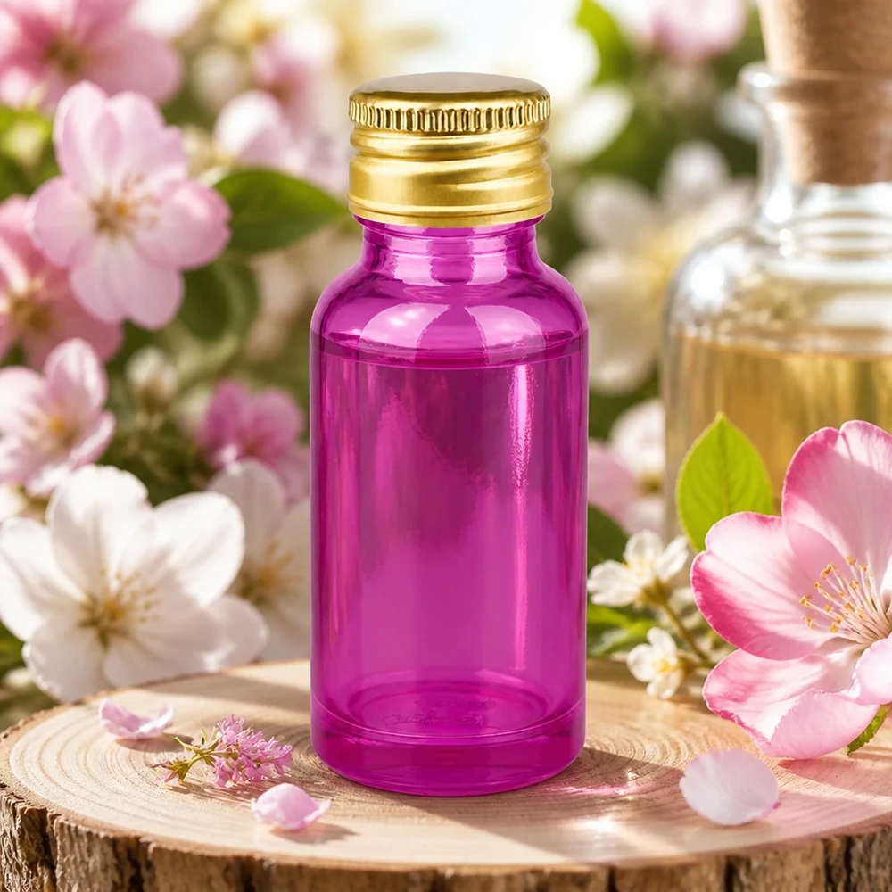 Hochwertige 20ml Violettflasche aus Glas mit langlebigem Gold-Aluminium-Deckel für Heilöle
