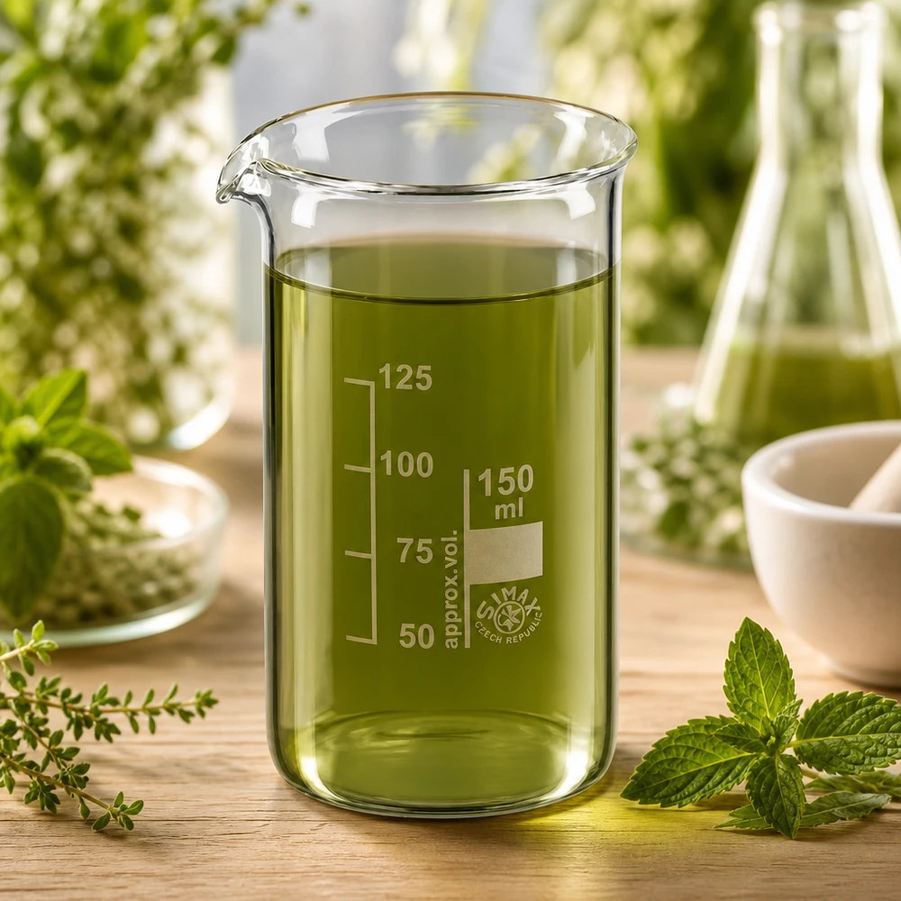 Kádinka 150 ml z borosilikátového skla, vysoký tvar Hitzebeständiges Becherglas 150ml hohe Form mit grüner Tinktur für botanische Laboranwendungen