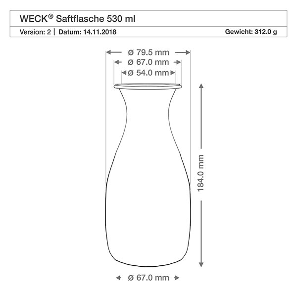 530ml láhev na džus WECK RR60 s dřevěnou kuličkou buk Technische Zeichnung der WECK Saftflasche 530ml mit Maßangaben Durchmesser 67mm Höhe 184mm Gewicht 312g