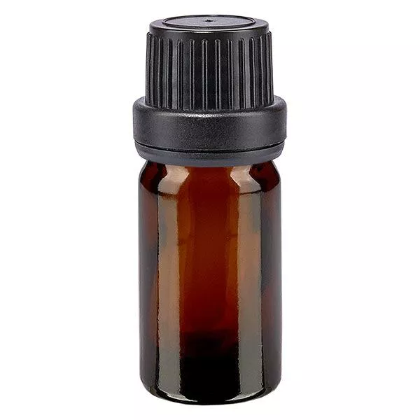 Lékárenská lahvička hnědá 5ml kapátko nalévací kroužek 2mm černý uzávěr proti neoprávněné manipulaci