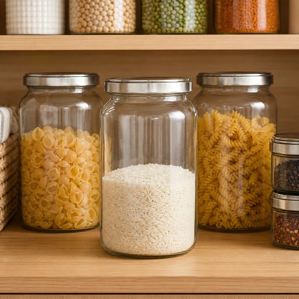 795ml kulatá zavařovací sklenice s víčkem BasicSeal stříbrná UNiTWIST. 795ml Rundglas mit BasicSeal Deckel gefüllt mit Reis in organisierter Pantry neben Pasta und Gewürzen