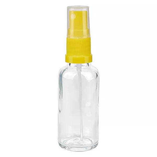 Lékárenská lahvička čirá 30ml s rozprašovacím uzávěrem žlutá Lékárenská lahvička čirá 30ml s rozprašovacím uzávěrem žlutá
