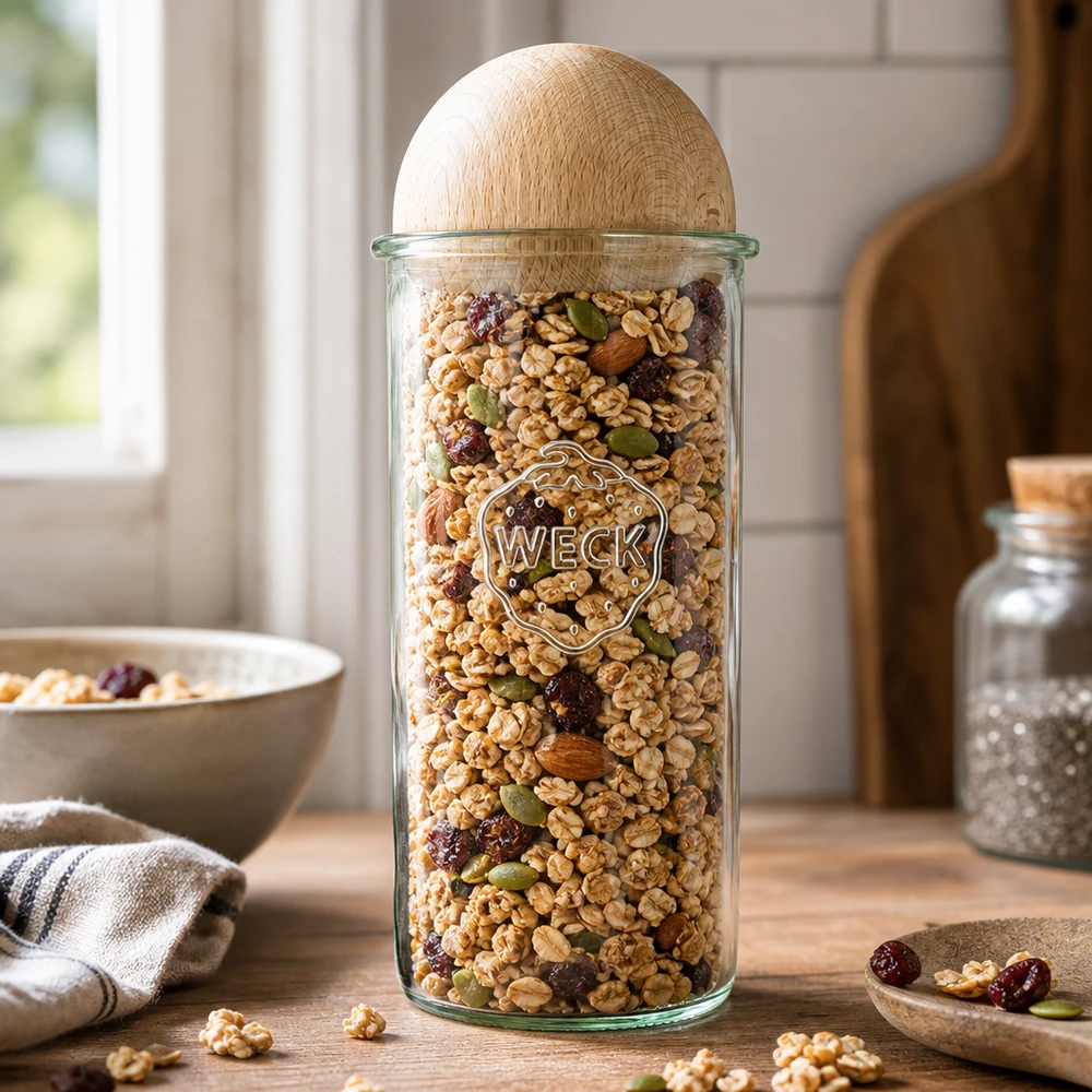 WECK Vorratsglas 1500ml mit Müsli und Nüssen gefüllt, Holzkugel-Deckel aus Buche, Küchenambiente mit Schale