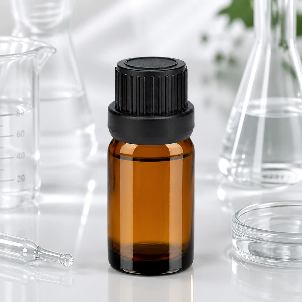 5ml láhev 11mm šroubovací uzávěr černý uzávěr s ochranou proti manipulaciII BrownLine UT18/5 Premium 5ml Flasche aus getöntem Glas mit schwarzem Verschluss für pharmazeutische Zwecke