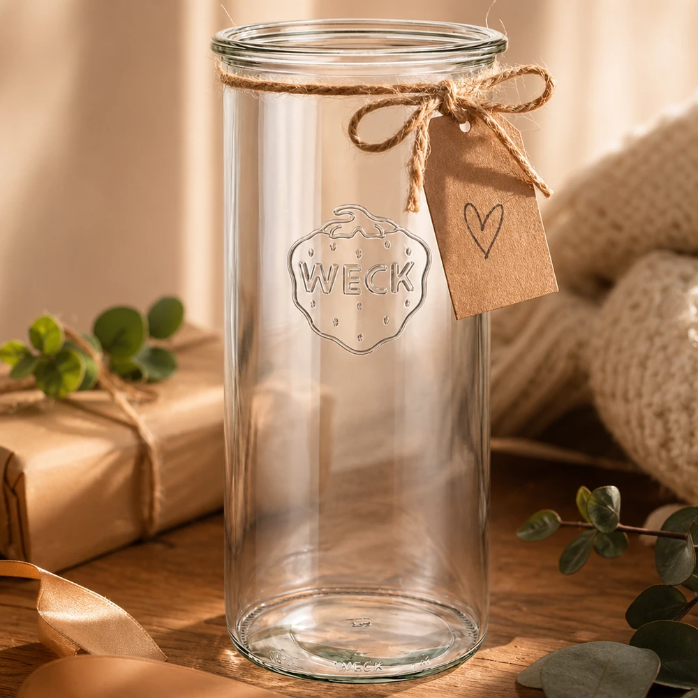 1500ml zavařovací sklenice WECK RR100 s dřevěným dřevem - 1500ml zavařovací sklenice s dřevěným dřevem WECK Sturzglas 1500ml RR100 mit Herzanhänger und Schleife auf Holztisch dekoriert mit grünen Pflanzen