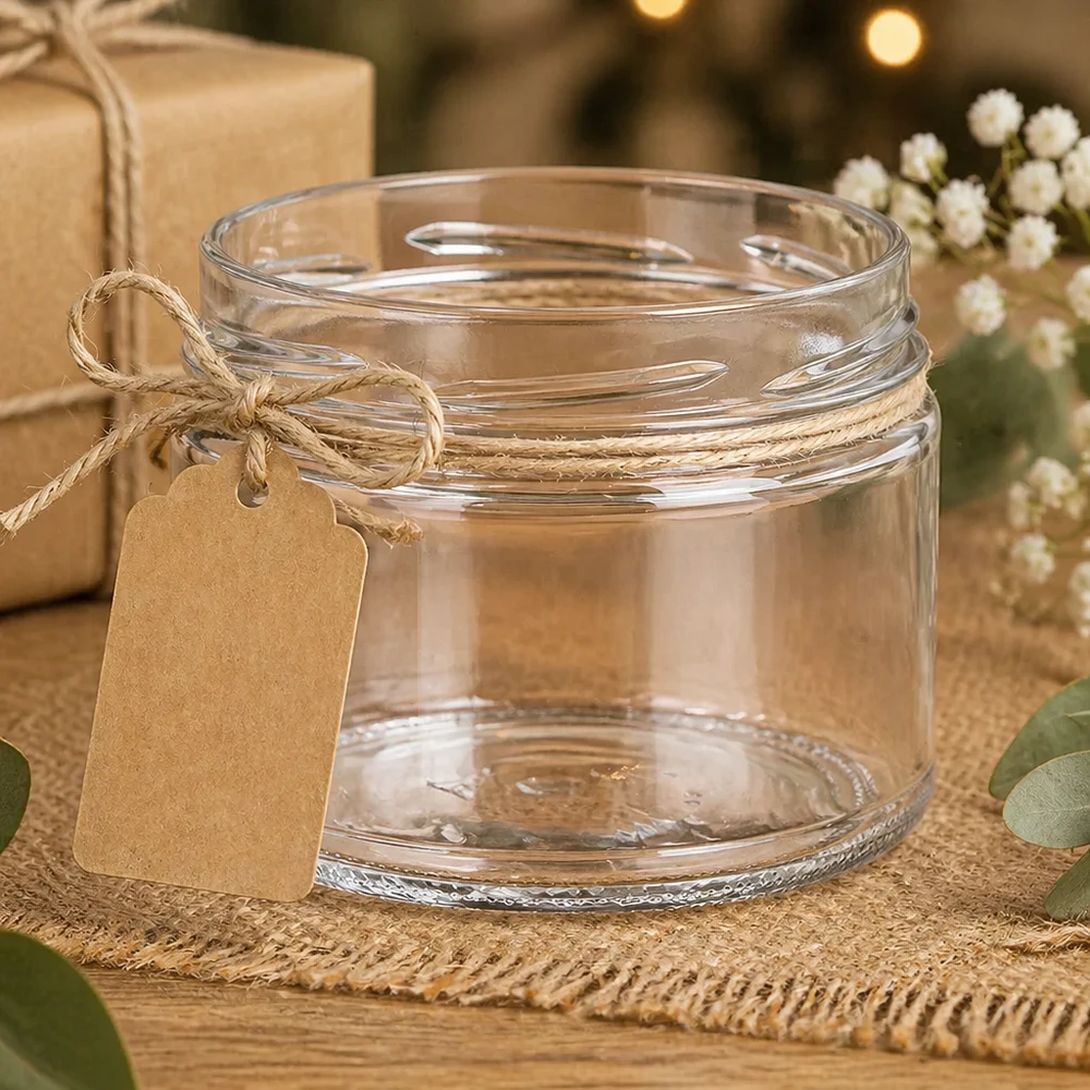 Kulatá sklenice o objemu 540 ml bez víčka (TO100) UNiTWIST UNiTWIST Runda540 Sturzglas 540ml TO100 mit Bastband und Geschenkanhänger dekoriert auf rustikalem Jute-Untergrund