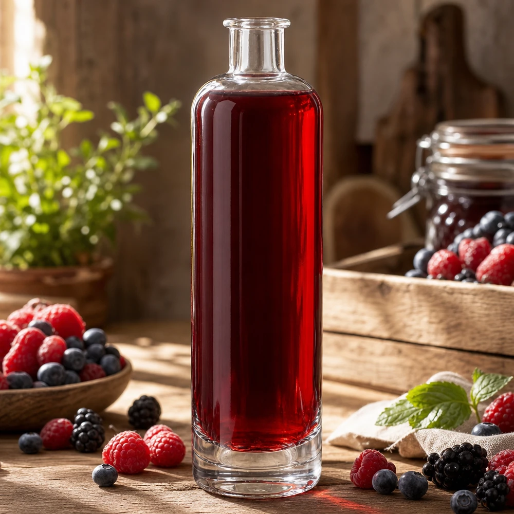 500ml Glasflasche "Ella" ohne Verschluss UNiTWIST 500ml Glasflasche Ella UNiTWIST mit rotem Beerensaft gefüllt umgeben von frischen Himbeeren und Blaubeeren