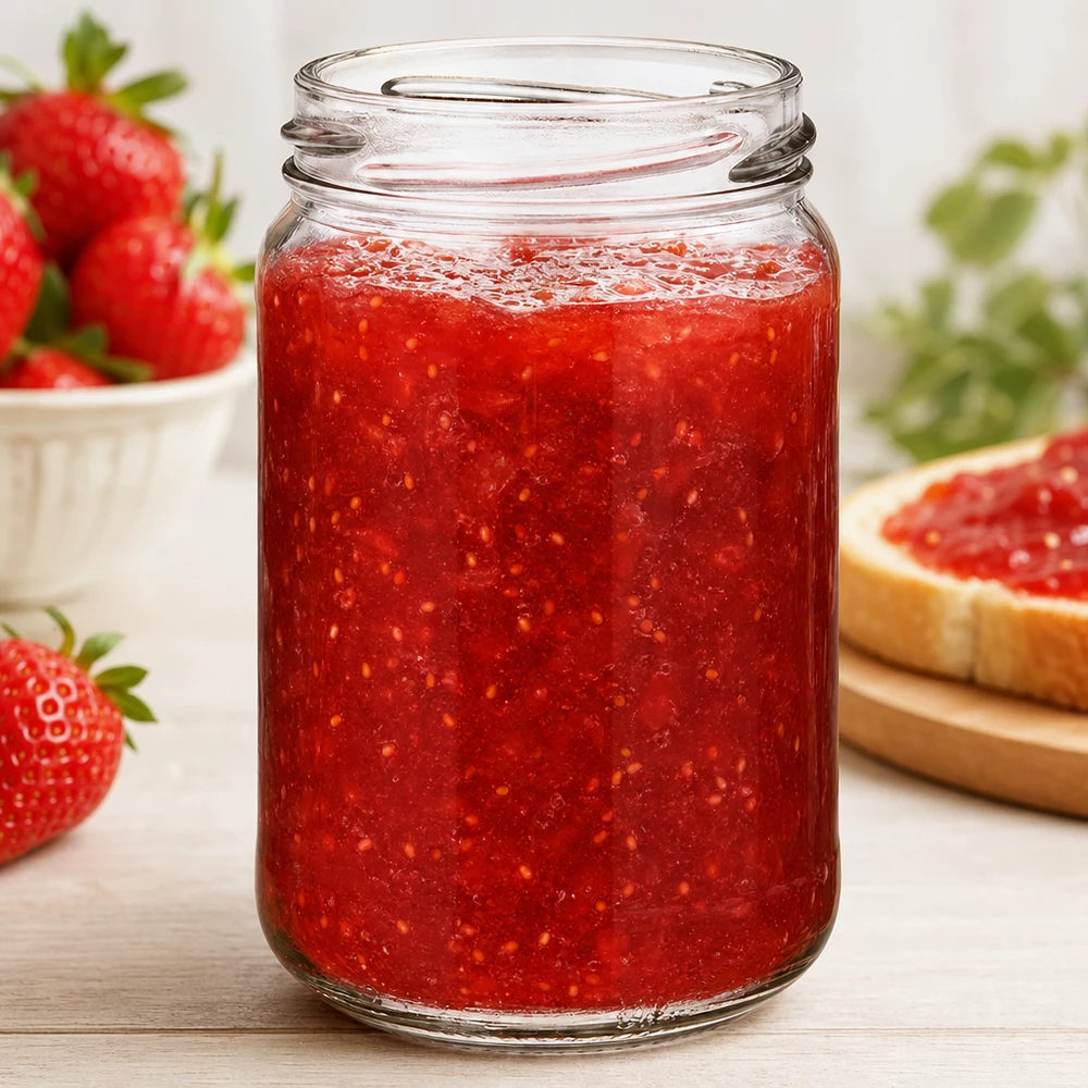 Kulatá sklenice o objemu 305 ml bez víčka (TO63) UNiTWIST UNiTWIST Runda305 Rundglas 305ml TO63 mit roter Erdbeermarmelade gefüllt, Einmachglas für Konfitüre und Aufstriche
