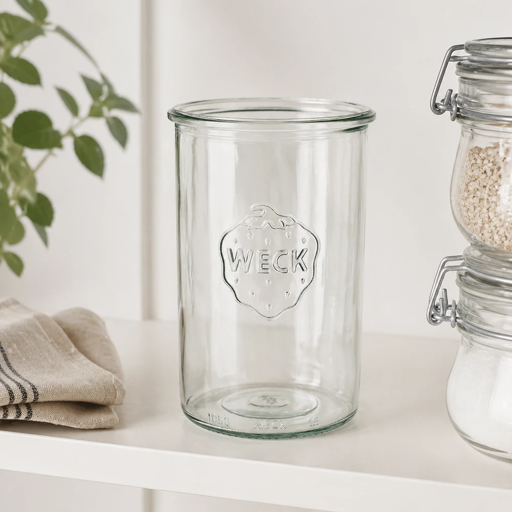 1000ml tumblery WECK RR100 s dřevěným dřevem - 1000ml tumblery WECK RR100 s dřevěným dřevem WECK Sturzglas 1000ml RR100 aus klarem Glas mit WECK-Logo für Einmachen und Vorratshaltung in der Küche