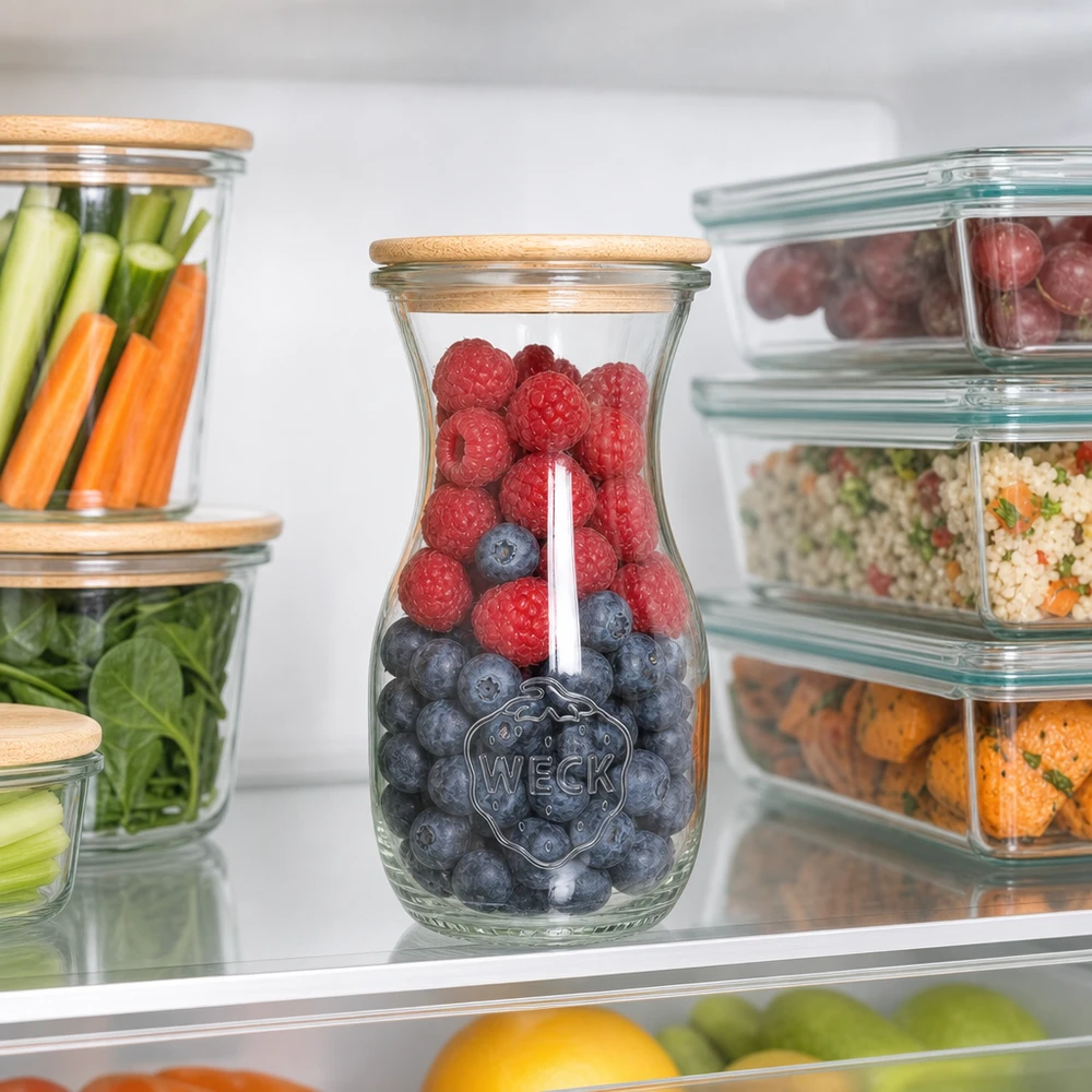 290ml láhev na šťávu Edition RR60 s dřevěným víčkem WECK Saftflasche 290ml mit Holzdeckel im Kühlschrank zwischen Meal-Prep-Behältern mit Beeren und Gemüse
