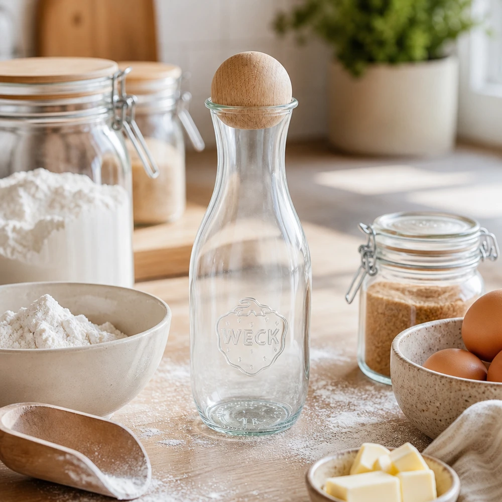 1062ml láhev na džus WECK RR60 s dřevěnou kuličkou buk WECK Saftflasche 1062ml RR60 mit Holzkugel in Backküche zwischen Mehl Eiern Butter und Einmachgläsern auf Holzbrett