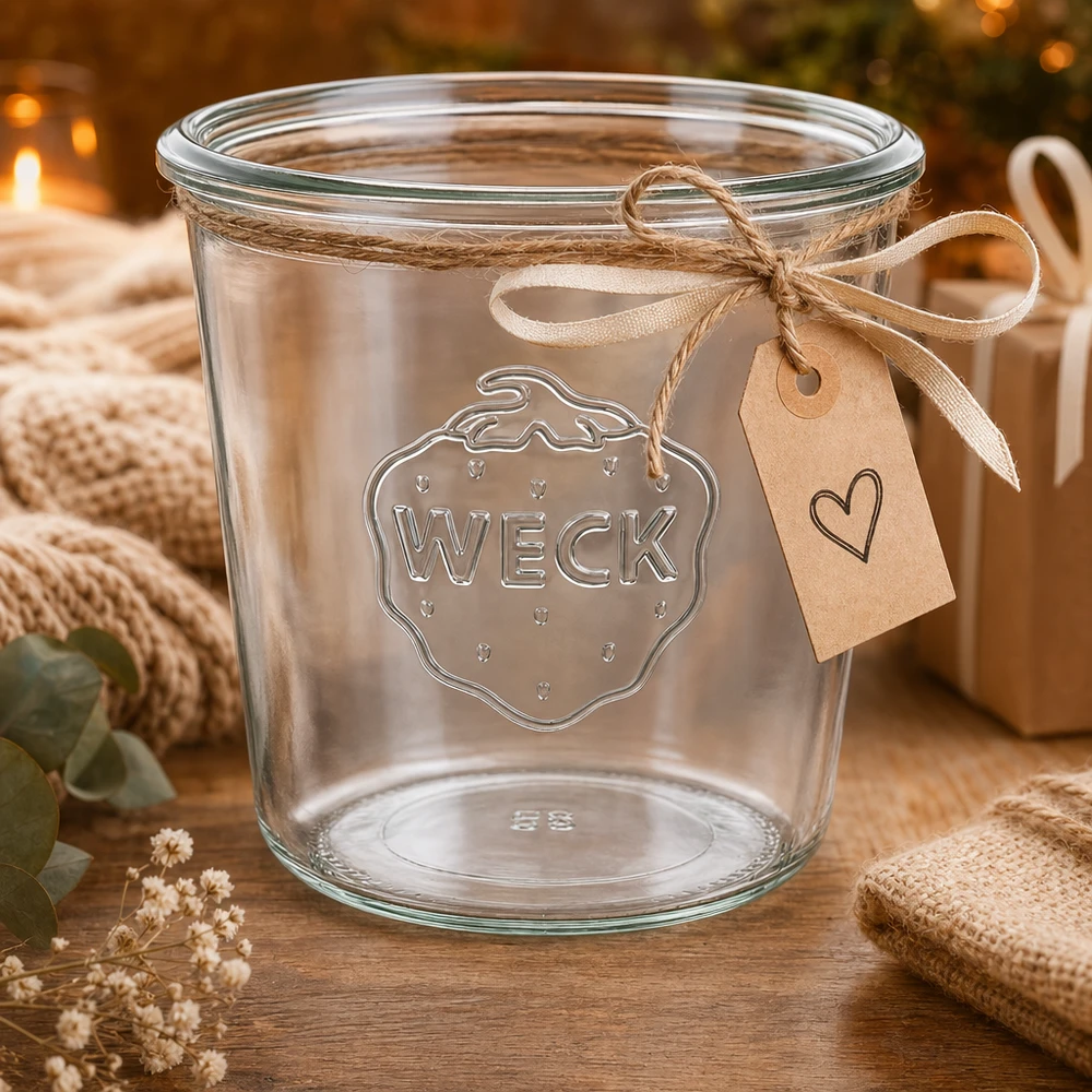 580ml tumbler WECK RR100 s dřevěným dřevem - 580ml tumbler WECK RR100 s dřevěným dřevem. WECK Sturzglas 580ml RR100 aus Glas mit Reliefprägung und dekorativem Geschenkband auf Holztisch