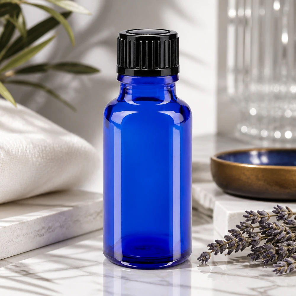 Apothekerflasche aus blauem UV-Schutzglas 20ml mit 11mm Standardverschluss in Schwarz