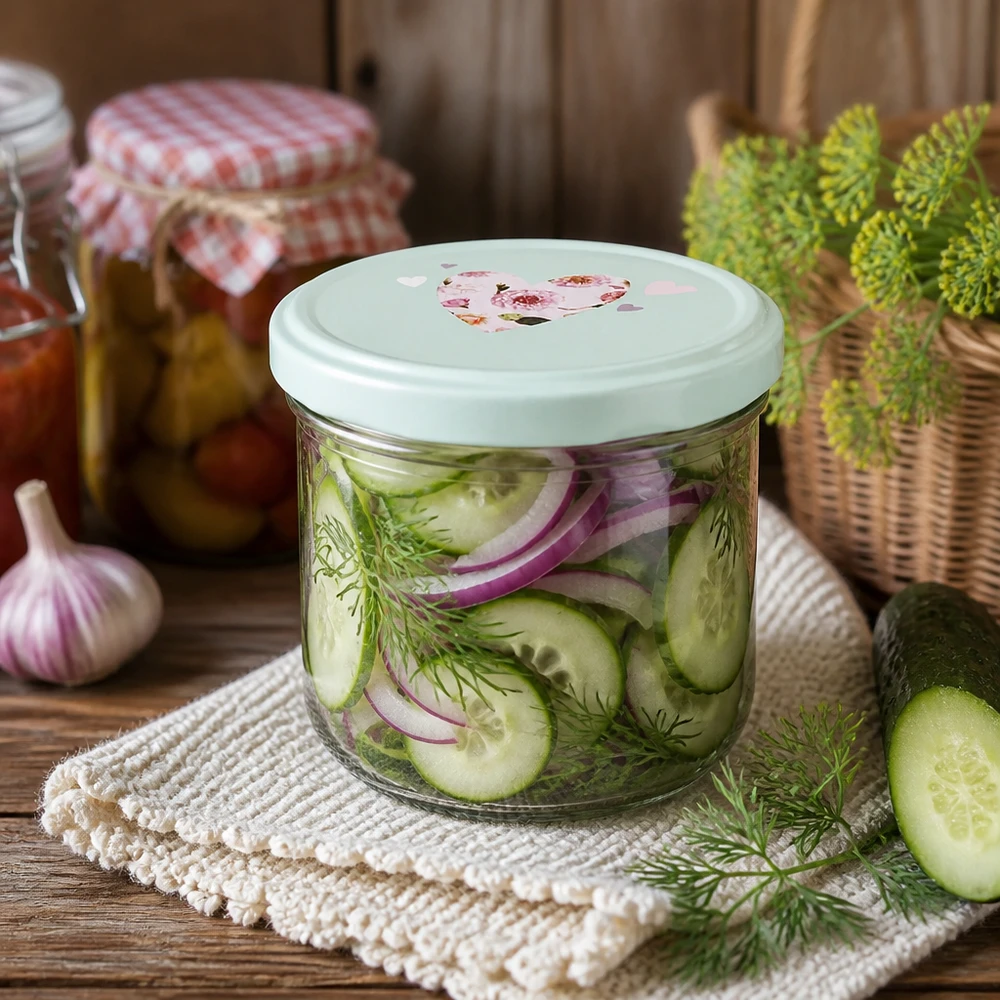 260ml kelímky + víčko BasicSeal srdíčková máta UNiTWIST Einmachgläser 260ml mit BasicSeal Deckel für eingelegte Gurken, Dill und Zwiebeln in rustikaler Küche arrangiert
