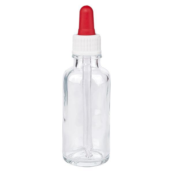 Lékárenská láhev čirá 30ml pipeta bílá/červená standardní Lékárenská láhev čirá 30ml pipeta bílá/červená standardní