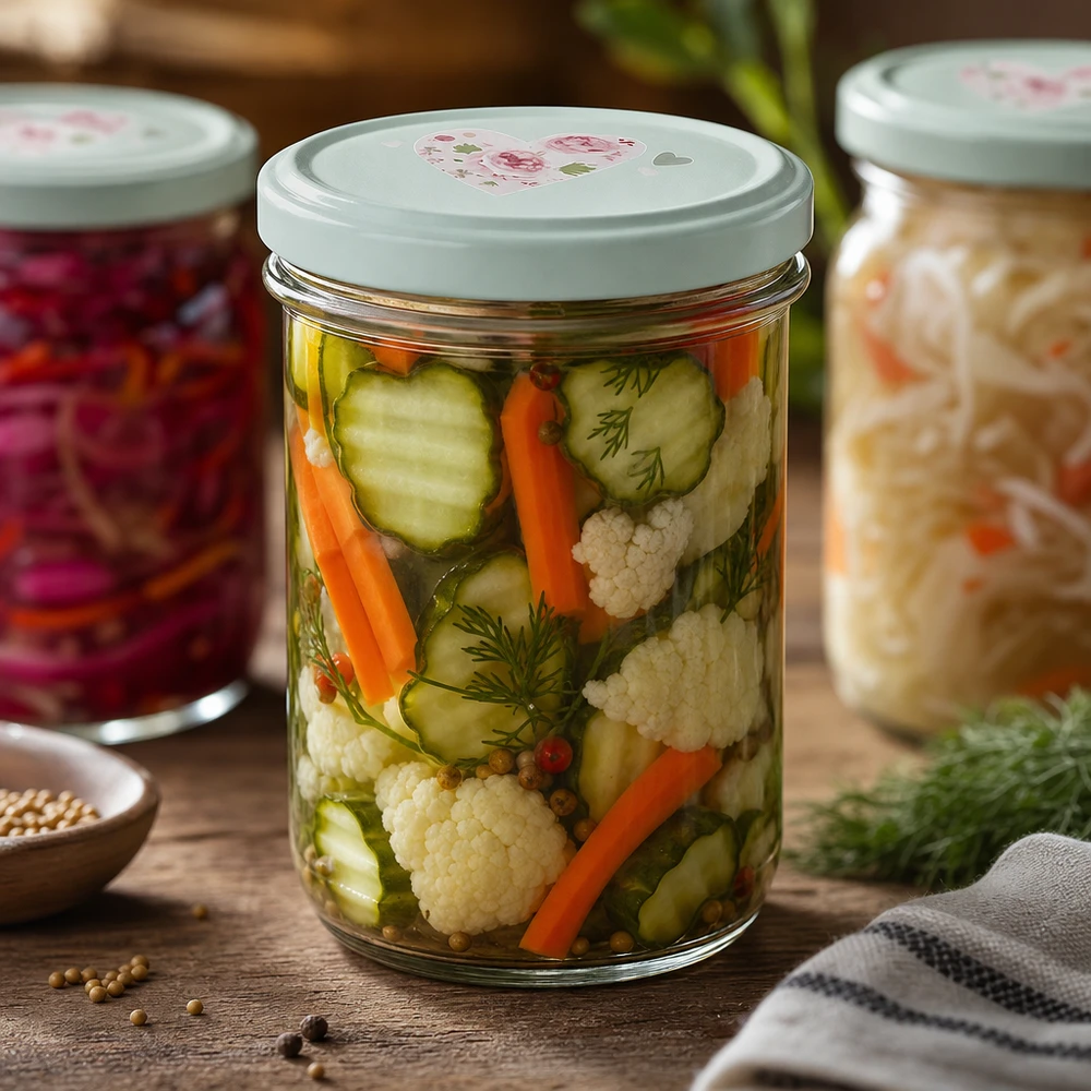 350ml kelímky + víčko BasicSeal srdíčková máta UNiTWIST 350ml Sturzglas BasicSeal Deckel Herz mint gefüllt mit eingelegtem Gemüse Gurken Karotten Blumenkohl Dill Konservierung