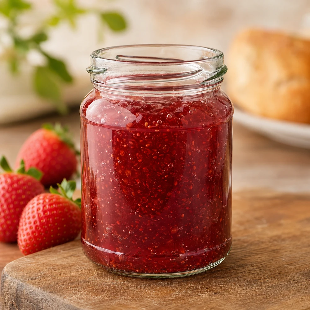 Kulatá sklenice o objemu 205 ml bez víčka (TO58) UNiTWIST UNiTWIST Runda205 Rundglas 205ml TO58 mit roter Erdbeermarmelade gefüllt neben frischen Erdbeeren auf Holzbrett