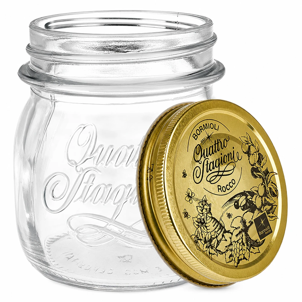 250ml kulatá dóza "Quattro Stagioni" s víčkem 250ml Rundglas Quattro Stagioni mit goldenem Deckel Einmachglas Vorratsglas italienisches Design