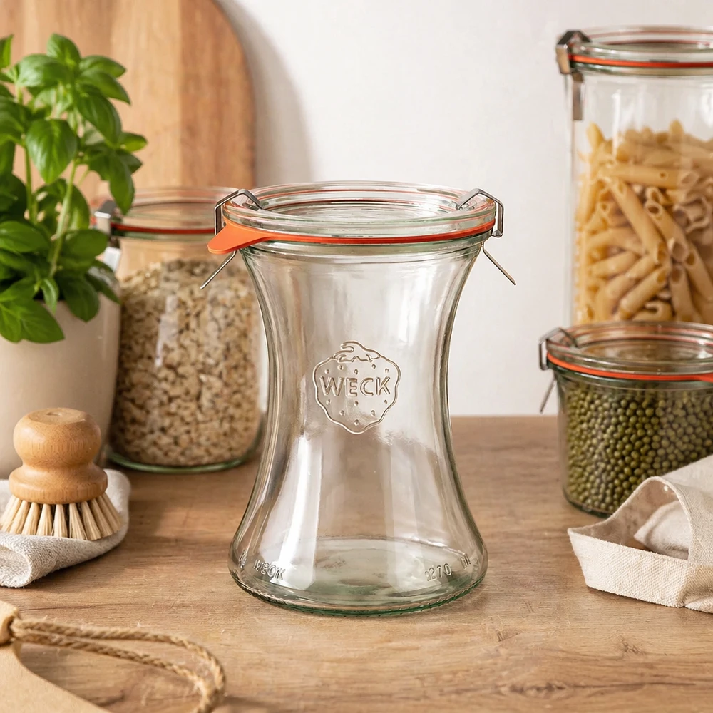 WECK Delikatessenglas 370ml RR80 in Vorratsküche zwischen gefüllten Einmachgläsern mit Pasta Linsen Basil Pflanze