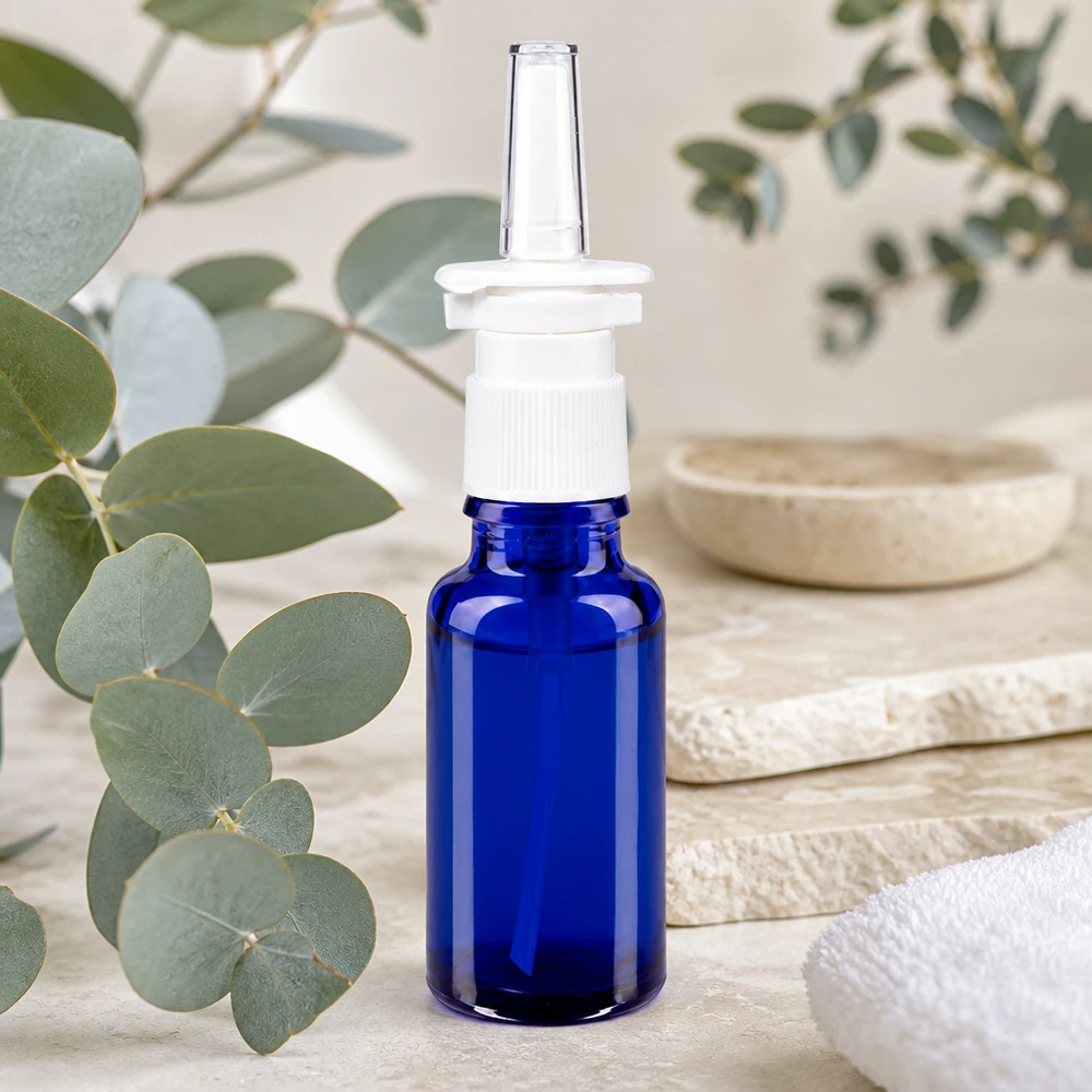 Lékárenská lahvička modrá 20ml nosní rozprašovač bílá stř. Blaue Apothekersprayflasche 20ml mit ergonomischem Nasenaufsatz auf rustikaler Steinunterlage