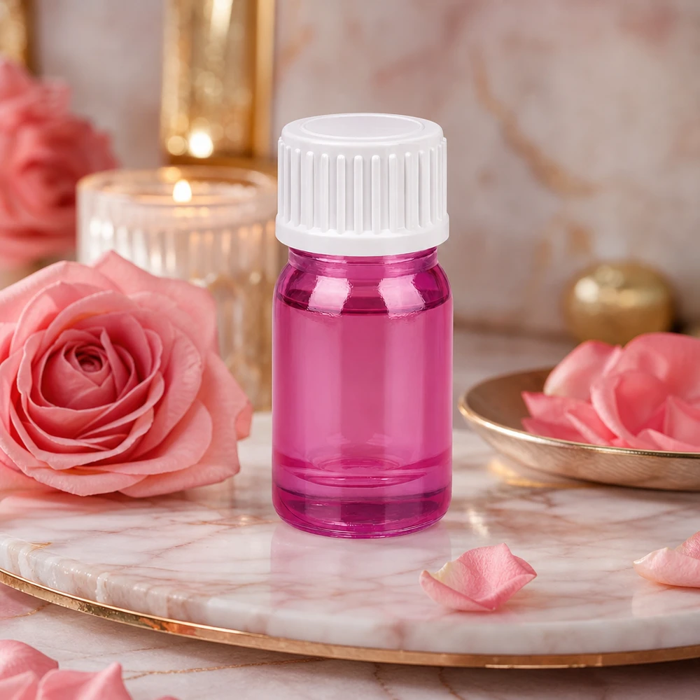 5ml lahvička (globule) s 3mm nalévacím kroužkem bílá standardní PurpleLine UT18/5 Professionelle 5ml Laborglasware mit lila-rosa Tönung und weißem Verschluss für Wirkstoffe