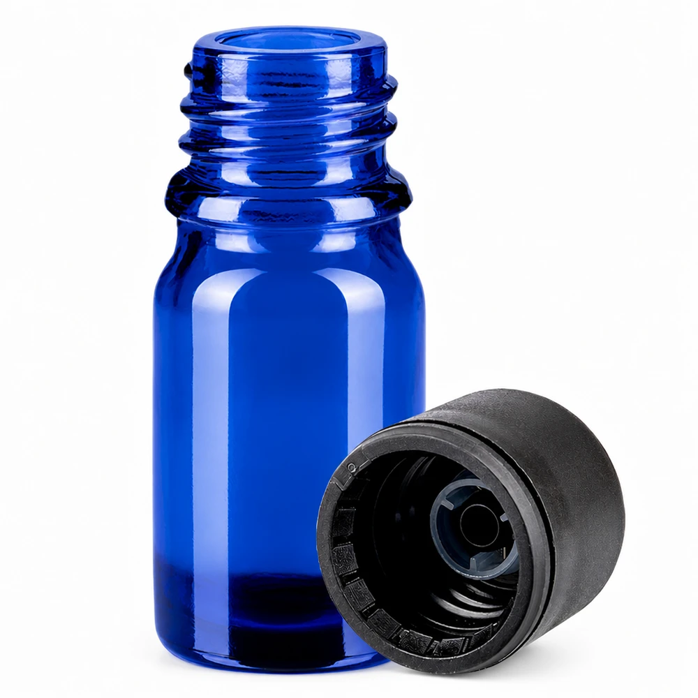 5ml láhev 6mm šroubovací uzávěr černá Standard BlueLine UT18/5 Robuste 5ml Flasche aus UV-schützendem blauen Glas mit festem schwarzem Verschluss