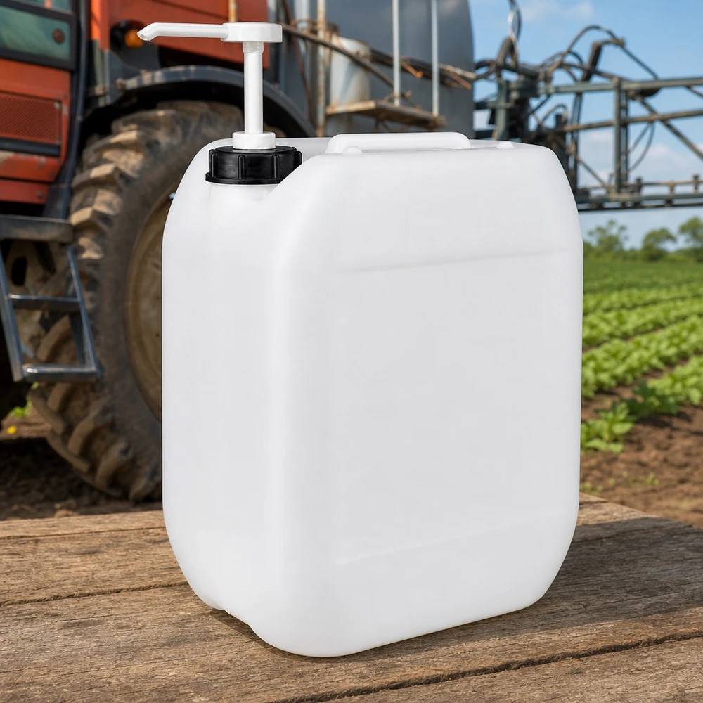 Kompakter 10 Liter Kanister mit Pumpdosierer für präzise Ausbringung von Agrarmitteln im Feldbetrieb