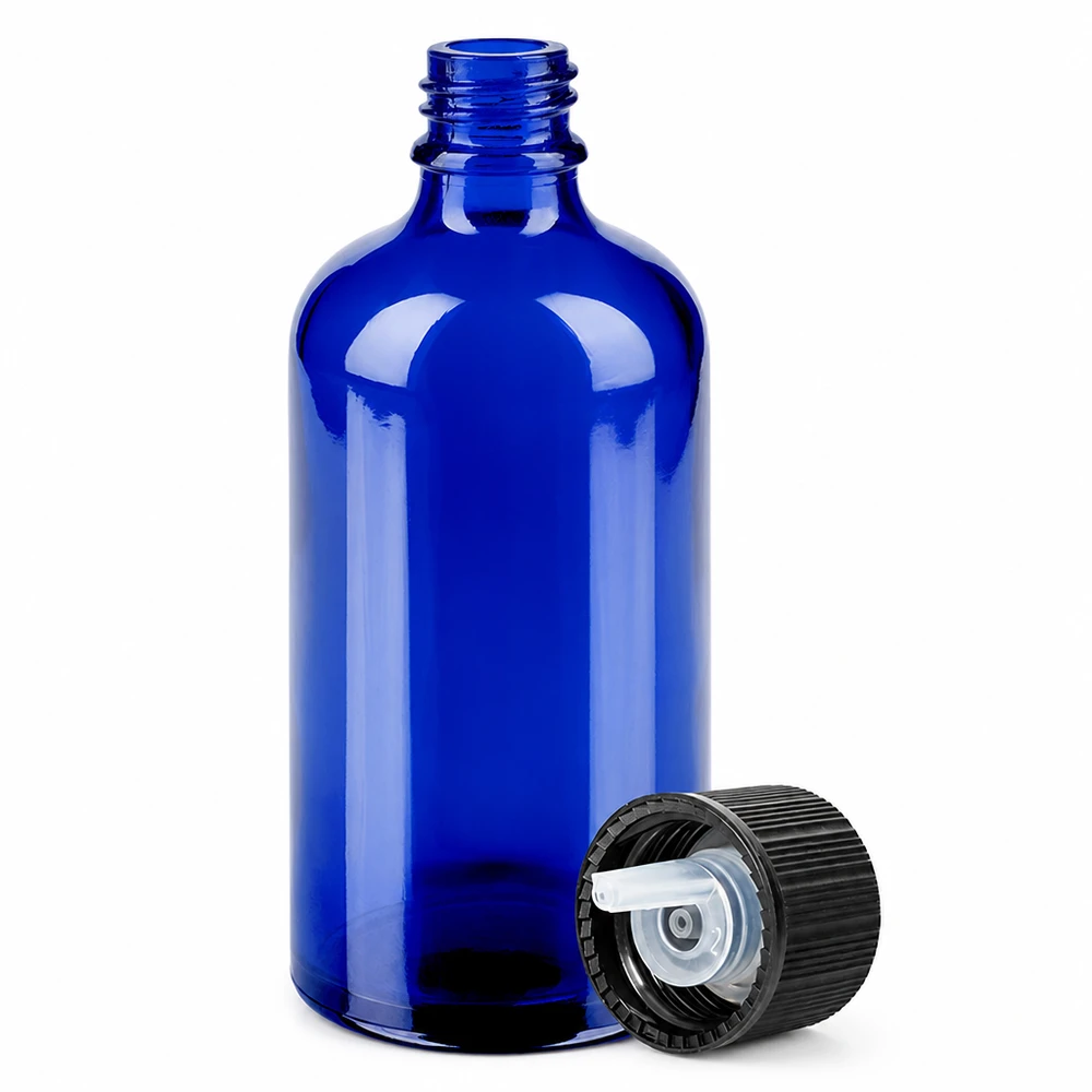 100ml lahvička s kapátkem 1mm černá standardní uzávěr BlueLine UT18/100 Professionelle 100ml Tropfflasche in Blau mit schwarzem Verschluss für exakte Tropfenabgabe