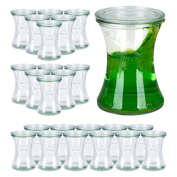 Sada 24 sklenic na lahůdky Weck 370ml s 24 skleněnými víčky. Sada 24 sklenic na lahůdky Weck 370ml s 24 skleněnými víčky.