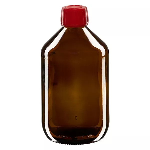 500ml láhev na léky hnědá, červený uzávěr s tamper-evidentním kroužkem ApoGlas