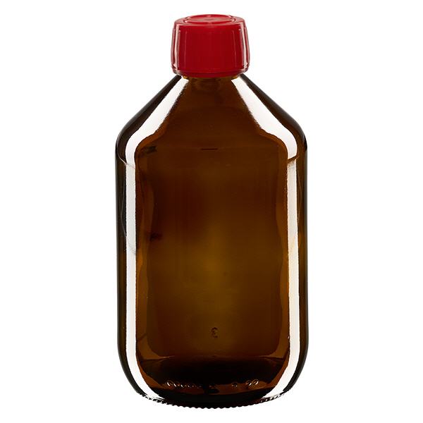 500ml láhev na léky hnědá, červený uzávěr s tamper-evidentním kroužkem ApoGlas 500ml láhev na léky hnědá, červený uzávěr s tamper-evidentním kroužkem ApoGlas
