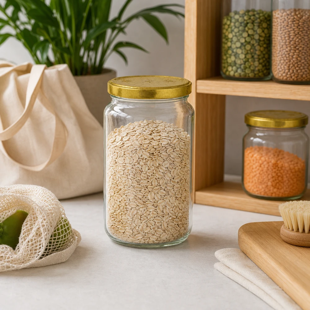 795ml kulatá sklenice + víčko BasicSeal honeycomb UNiTWIST. 795ml Rundglas mit Haferflocken gefüllt in nachhaltiger Zero-Waste Küche mit Holzregal und Vorratsdosen