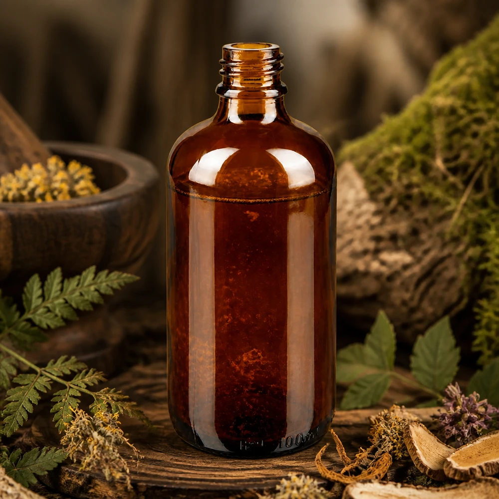 100ml braune Apothekenflasche ApoGlas mit Farn, Pilzen und Kräutern in natürlicher Waldapotheke Umgebung