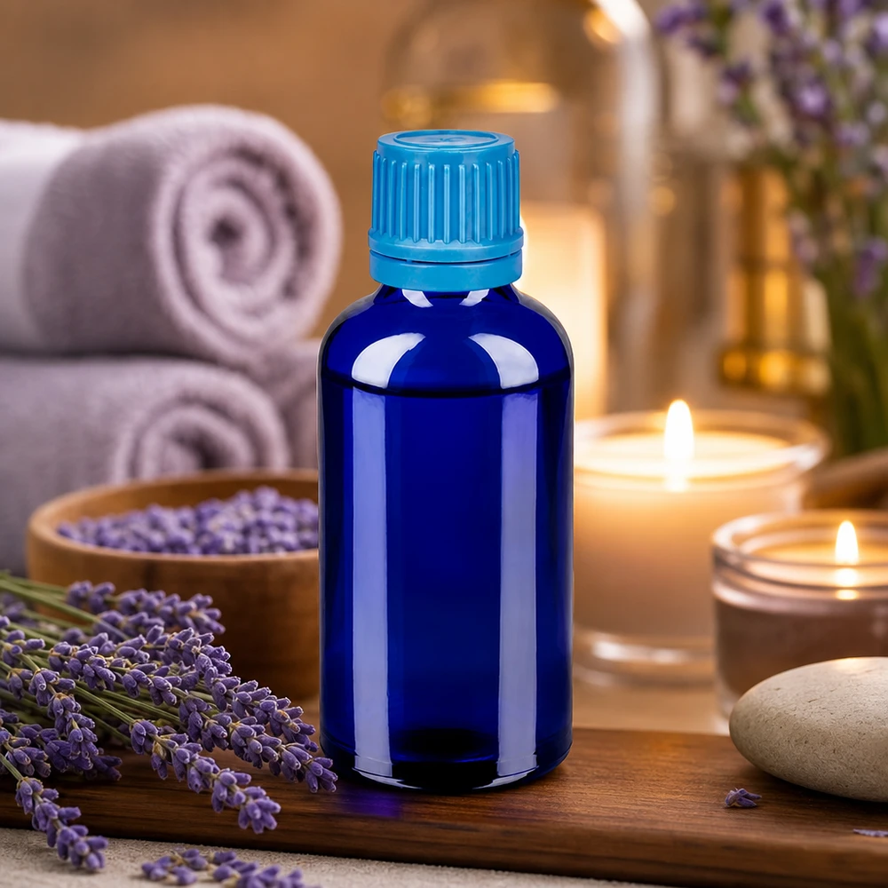 50ml láhev 11mm šroubovací uzávěr modrý uzávěr s ochranou proti manipulaci BlueLine UT18/50 50ml Apothekerflasche in elegantem Blau mit zertifiziertem Sicherheitsverschluss DIN 18