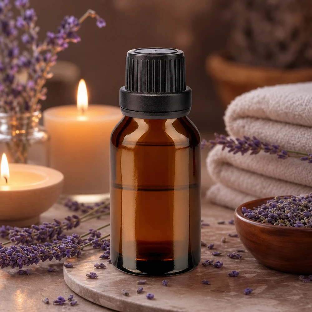 30ml braune Glasflasche mit OV-Sicherheitsverschluss im Spa-Ambiente