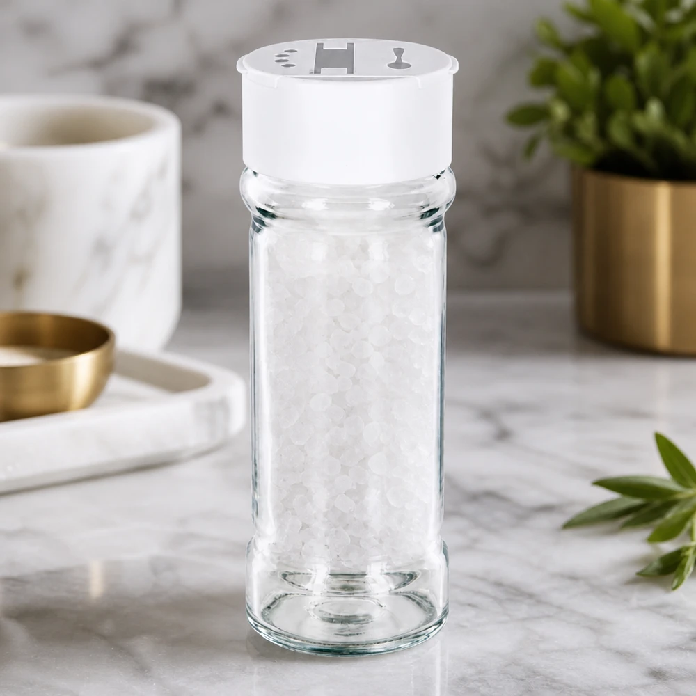 Dóza na sůl/koření 100 ml s dvojitým šejkrem bílá Zylindrisches Vorratsglas 100ml mit weißem Doppelstreuer befüllt mit weißen Salzkörnern