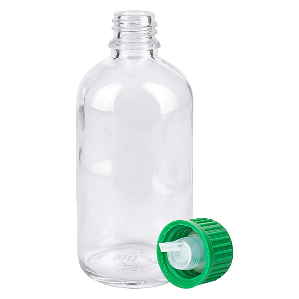 100ml lahvička s kapátkem 0,8 mm zelená standardní uzávěr ClearLine UT18/100 ClearLine UT18 Tropfflasche 100ml aus klarem Glas mit grünem geripptem Schraubdeckel